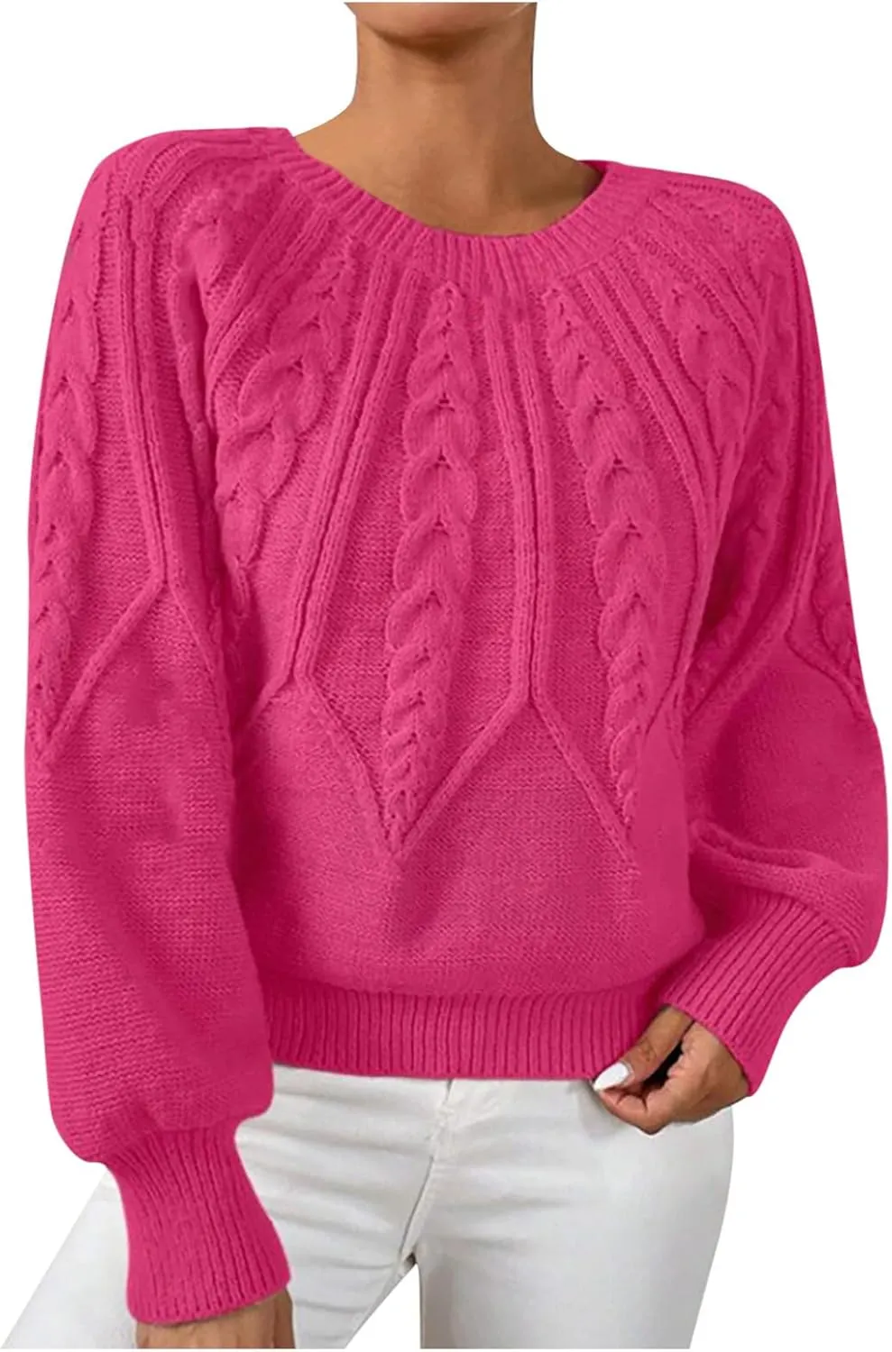 Womens Sweaters Solid Cable Knit Lantern Sleeve Crewneck Chunky Sweater Tops 2024 Fall Fashion Loose Outifits