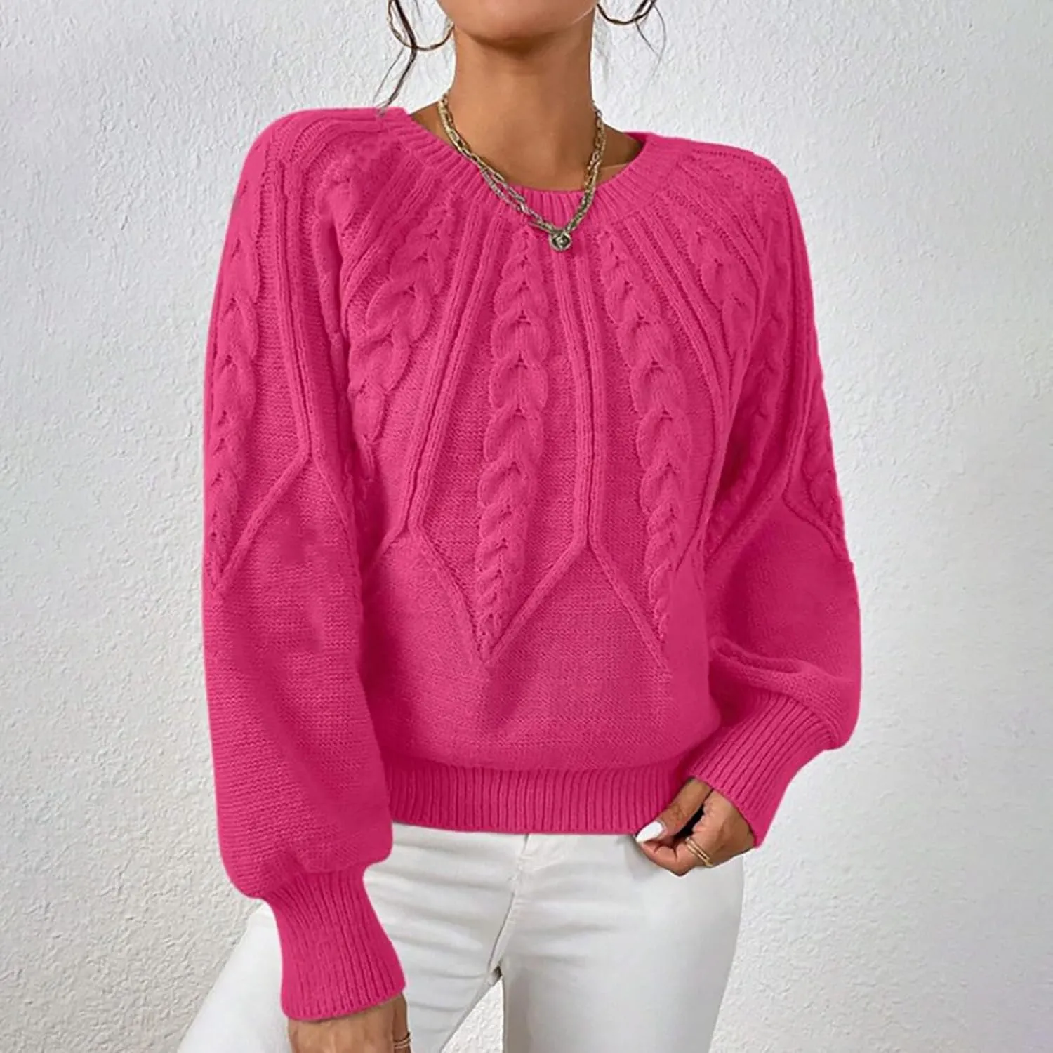 Womens Sweaters Solid Cable Knit Lantern Sleeve Crewneck Chunky Sweater Tops 2024 Fall Fashion Loose Outifits