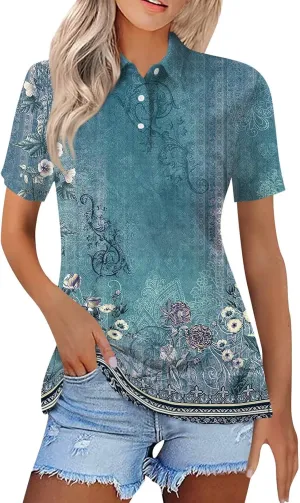 Women's T-Shirts Golf Short Sleeve Summer Blouses Button Down Collared Tops Vneck Blouses Flattering Clothes