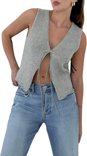 Women's Tie Front Crochet Sweater Vest Y2k Sleeveless Knit V Neck Top Casual Vintage Going Out Streetwear