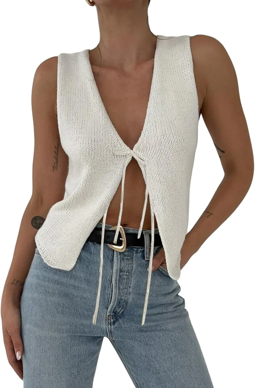 Women's Tie Front Crochet Sweater Vest Y2k Sleeveless Knit V Neck Top Casual Vintage Going Out Streetwear