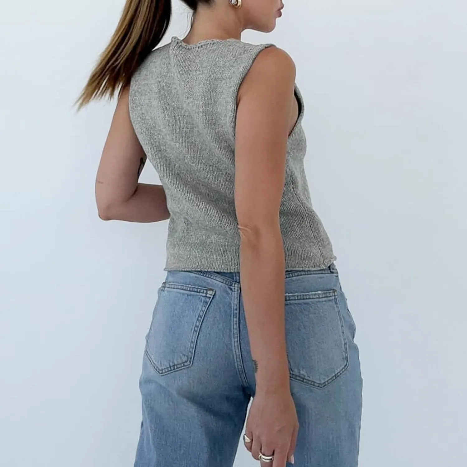 Women's Tie Front Crochet Sweater Vest Y2k Sleeveless Knit V Neck Top Casual Vintage Going Out Streetwear