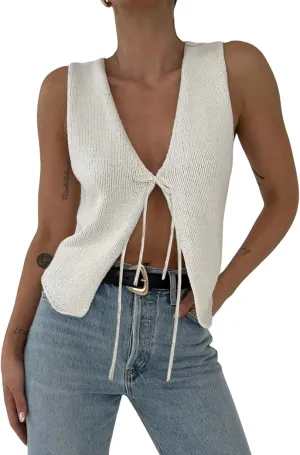 Women's Tie Front Crochet Sweater Vest Y2k Sleeveless Knit V Neck Top Casual Vintage Going Out Streetwear