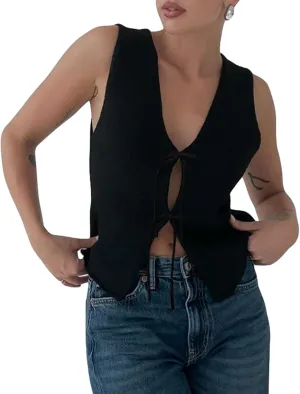Women's Tie Front Crochet Sweater Vest Y2k Sleeveless Knit V Neck Top Casual Vintage Going Out Streetwear