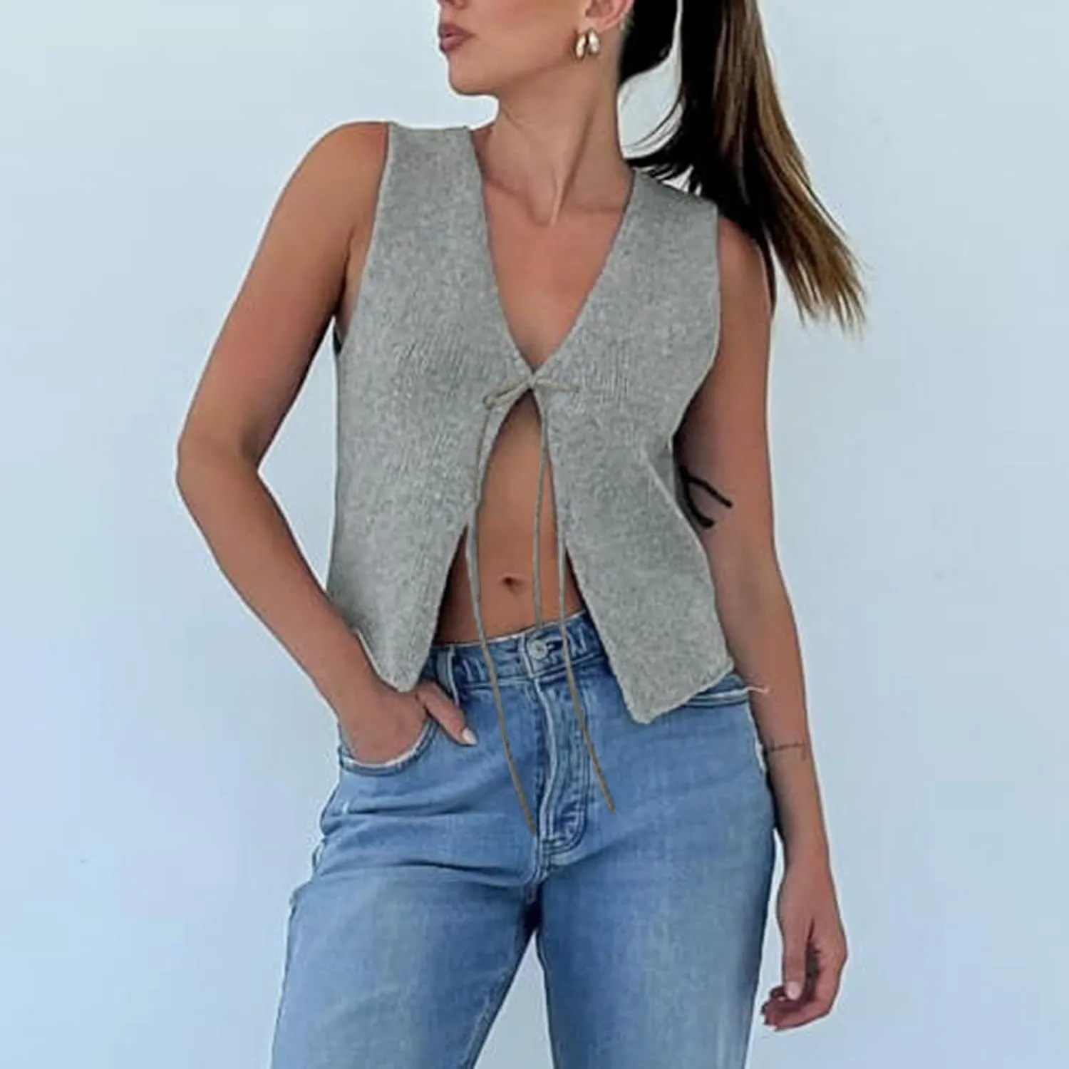 Women's Tie Front Crochet Sweater Vest Y2k Sleeveless Knit V Neck Top Casual Vintage Going Out Streetwear