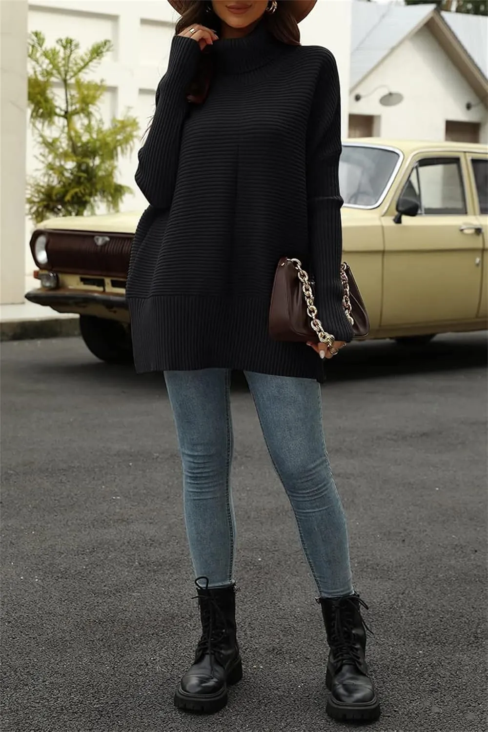 Women's Turtleneck Oversized Sweaters, Long Batwing Sleeve Spilt Hem Tunic Chunky Knit Slouchy Pullover Sweater Tops