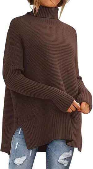 Women's Turtleneck Oversized Sweaters, Long Batwing Sleeve Spilt Hem Tunic Chunky Knit Slouchy Pullover Sweater Tops