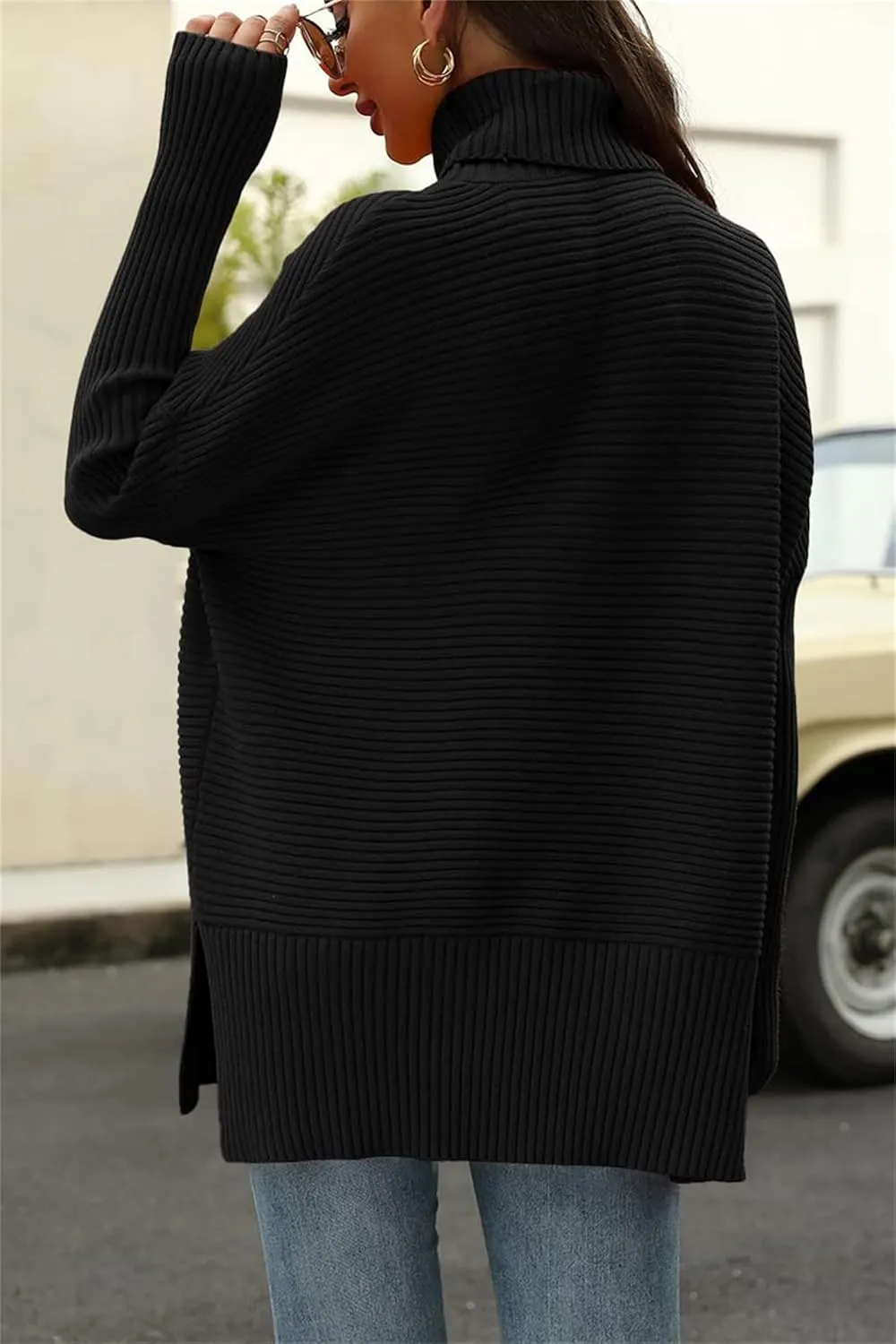 Women's Turtleneck Oversized Sweaters, Long Batwing Sleeve Spilt Hem Tunic Chunky Knit Slouchy Pullover Sweater Tops