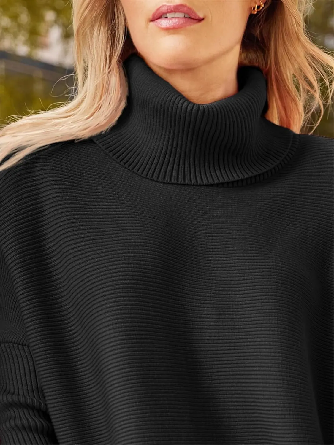 Women's Turtleneck Oversized Sweaters, Long Batwing Sleeve Spilt Hem Tunic Chunky Knit Slouchy Pullover Sweater Tops