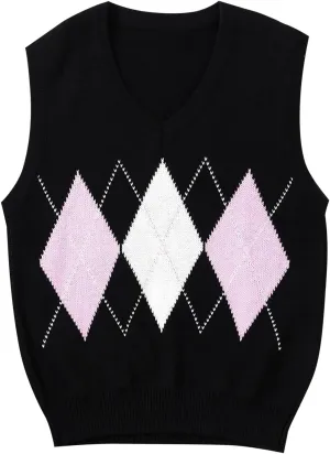 Womens V Neck Knit Sweater Vest Argyle Plaid Preppy Style Sleeveless Crop Knitwear Tank Vintage Fall Pullover