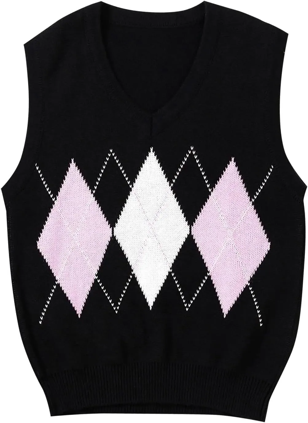 Womens V Neck Knit Sweater Vest Argyle Plaid Preppy Style Sleeveless Crop Knitwear Tank Vintage Fall Pullover