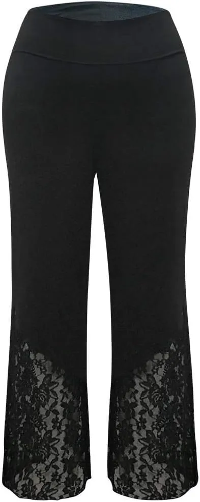 Women's Wide Leg Flared Palazzo Bell Bottoms Yoga Stretch Pants Plus Size High Waist Lace Patchwork Workout Trousers