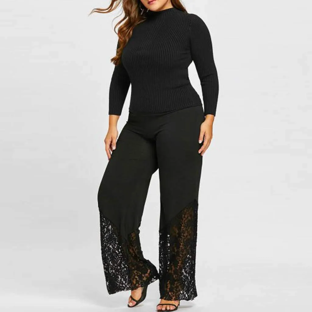 Women's Wide Leg Flared Palazzo Bell Bottoms Yoga Stretch Pants Plus Size High Waist Lace Patchwork Workout Trousers