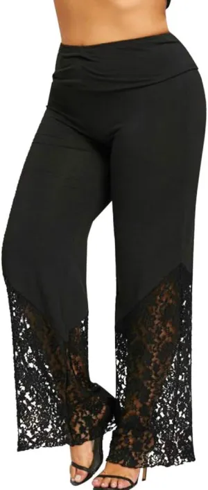 Women's Wide Leg Flared Palazzo Bell Bottoms Yoga Stretch Pants Plus Size High Waist Lace Patchwork Workout Trousers