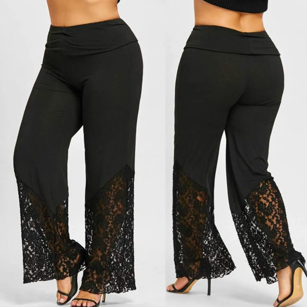Women's Wide Leg Flared Palazzo Bell Bottoms Yoga Stretch Pants Plus Size High Waist Lace Patchwork Workout Trousers
