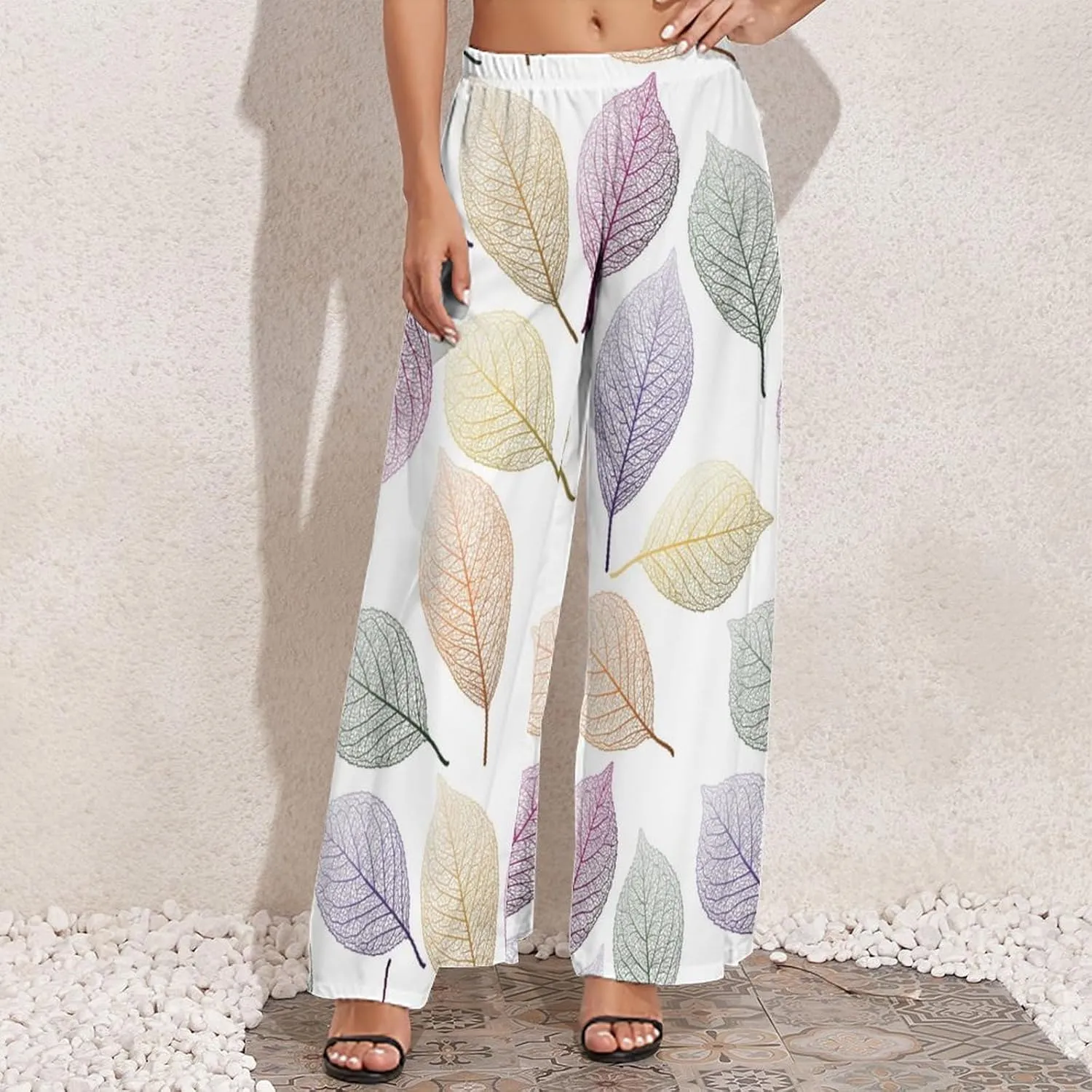 Womens Wide Leg Pants Autumn Maple Leaves Dressy High Waist Trousers Casual Loose Flowy Palazzo Pants