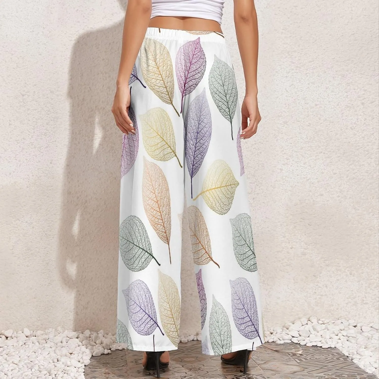 Womens Wide Leg Pants Autumn Maple Leaves Dressy High Waist Trousers Casual Loose Flowy Palazzo Pants