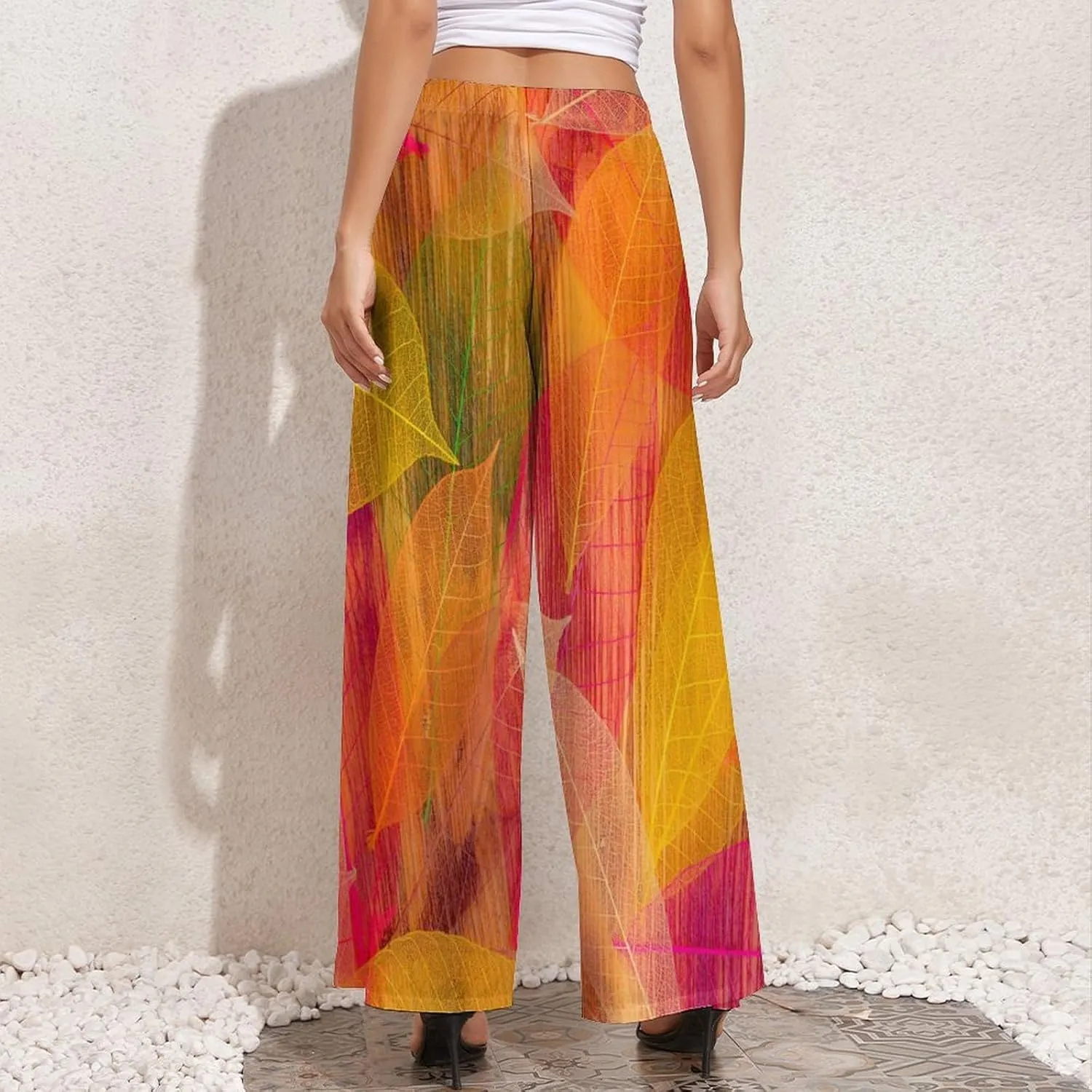 Womens Wide Leg Pants Autumn Maple Leaves Dressy High Waist Trousers Casual Loose Flowy Palazzo Pants
