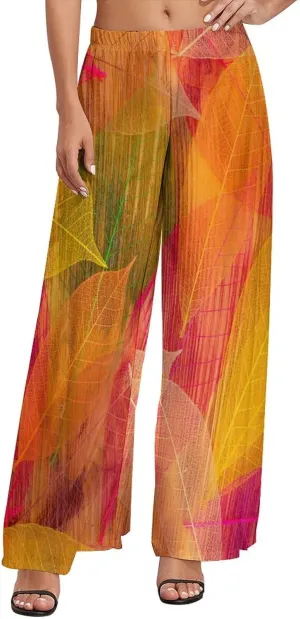 Womens Wide Leg Pants Autumn Maple Leaves Dressy High Waist Trousers Casual Loose Flowy Palazzo Pants
