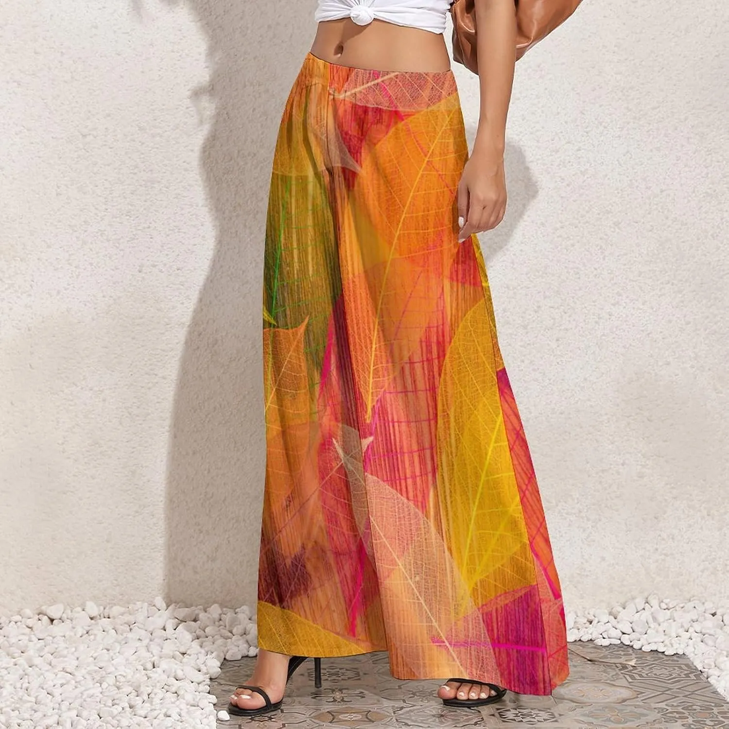Womens Wide Leg Pants Autumn Maple Leaves Dressy High Waist Trousers Casual Loose Flowy Palazzo Pants