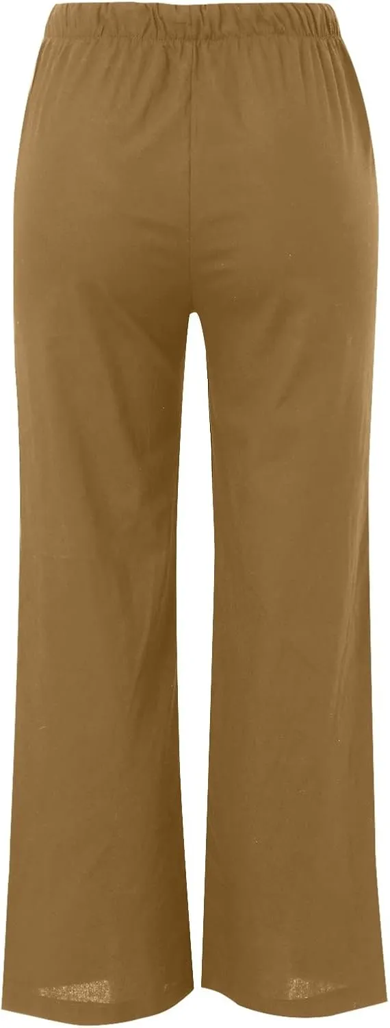Women's Wide Leg Pants High Elastic Waisted Cotton Linen Pants Summer Palazzo Lounge Pants Casual Comfy Trousers with Pockets