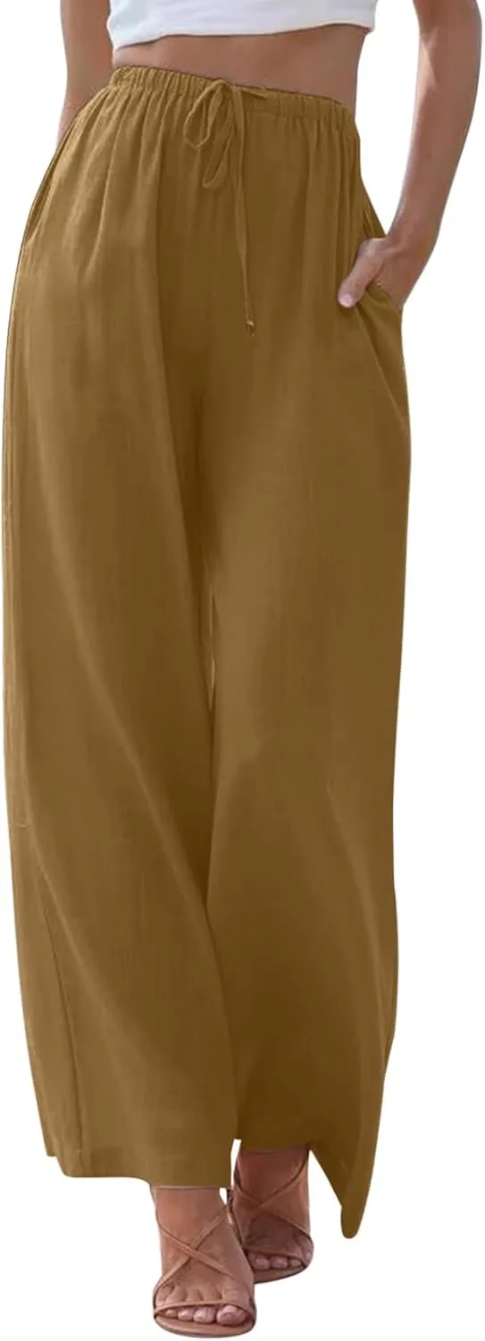 Women's Wide Leg Pants High Elastic Waisted Cotton Linen Pants Summer Palazzo Lounge Pants Casual Comfy Trousers with Pockets