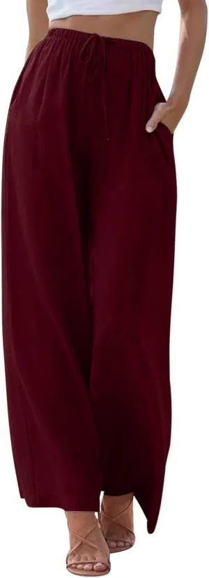 Women's Wide Leg Pants High Elastic Waisted Cotton Linen Pants Summer Palazzo Lounge Pants Casual Comfy Trousers with Pockets