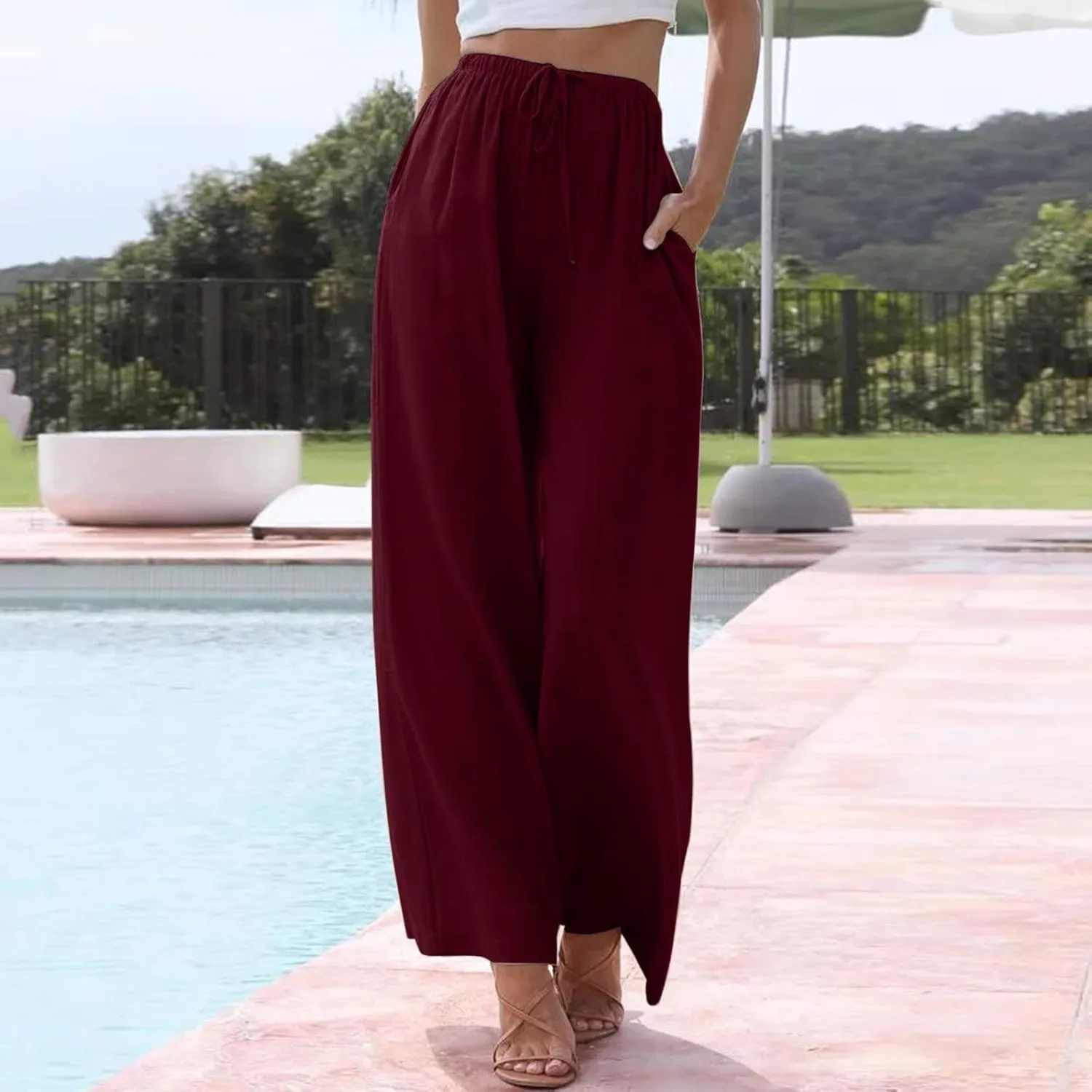 Women's Wide Leg Pants High Elastic Waisted Cotton Linen Pants Summer Palazzo Lounge Pants Casual Comfy Trousers with Pockets