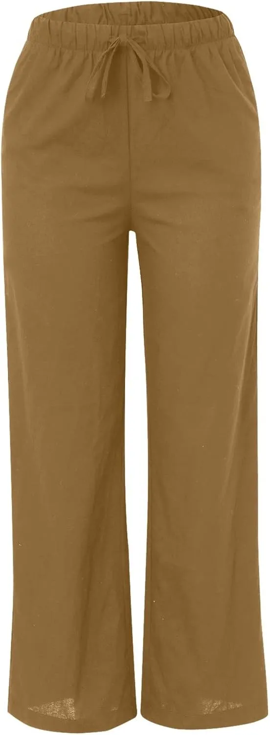 Women's Wide Leg Pants High Elastic Waisted Cotton Linen Pants Summer Palazzo Lounge Pants Casual Comfy Trousers with Pockets
