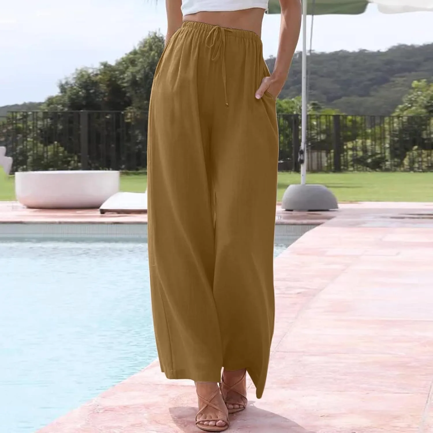 Women's Wide Leg Pants High Elastic Waisted Cotton Linen Pants Summer Palazzo Lounge Pants Casual Comfy Trousers with Pockets