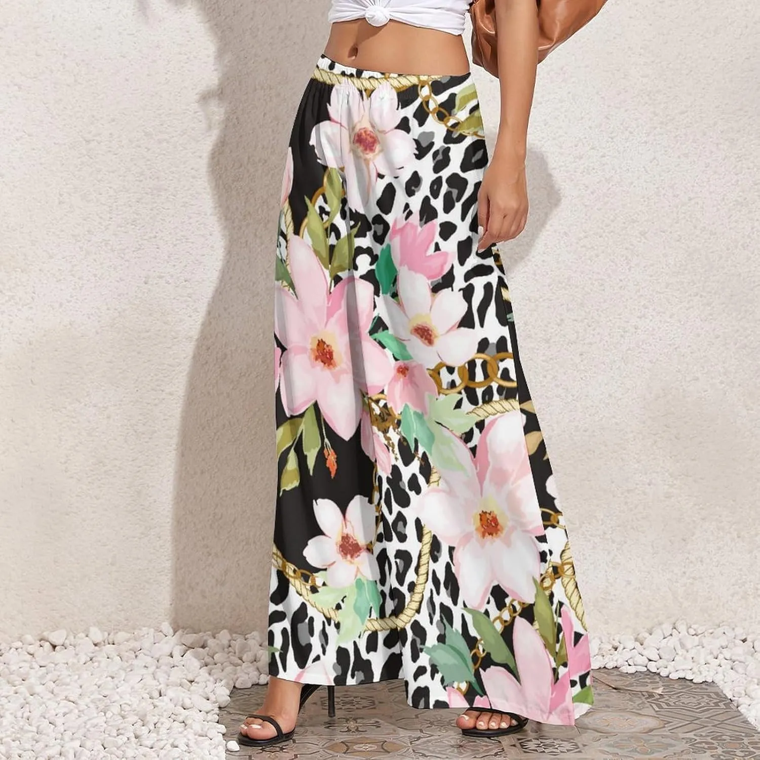 Womens Wide Leg Pants Leopard Skin with Baroque Casual High Waist Long Palazzo Pants Lounge Beach Trousers