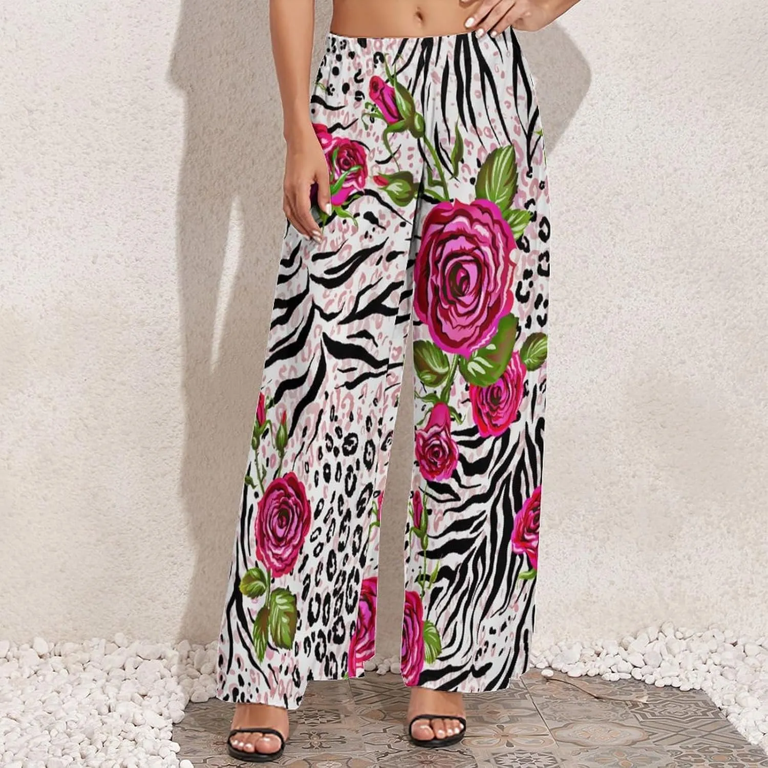 Womens Wide Leg Pants Leopard Skin with Baroque Casual High Waist Long Palazzo Pants Lounge Beach Trousers