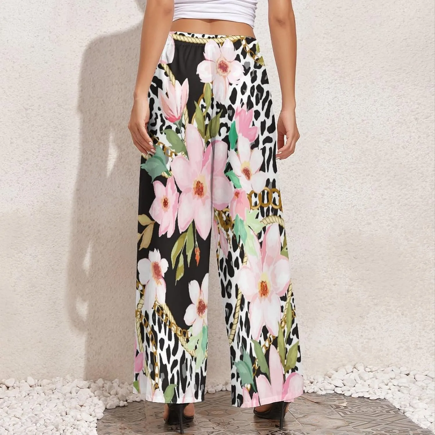 Womens Wide Leg Pants Leopard Skin with Baroque Casual High Waist Long Palazzo Pants Lounge Beach Trousers