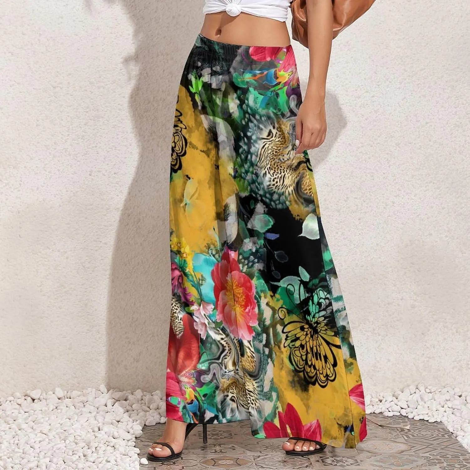 Womens Wide Leg Pants Leopard Skin with Baroque Casual High Waist Long Palazzo Pants Lounge Beach Trousers