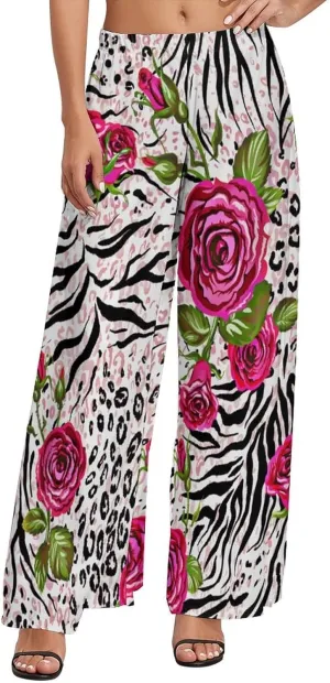Womens Wide Leg Pants Leopard Skin with Baroque Casual High Waist Long Palazzo Pants Lounge Beach Trousers