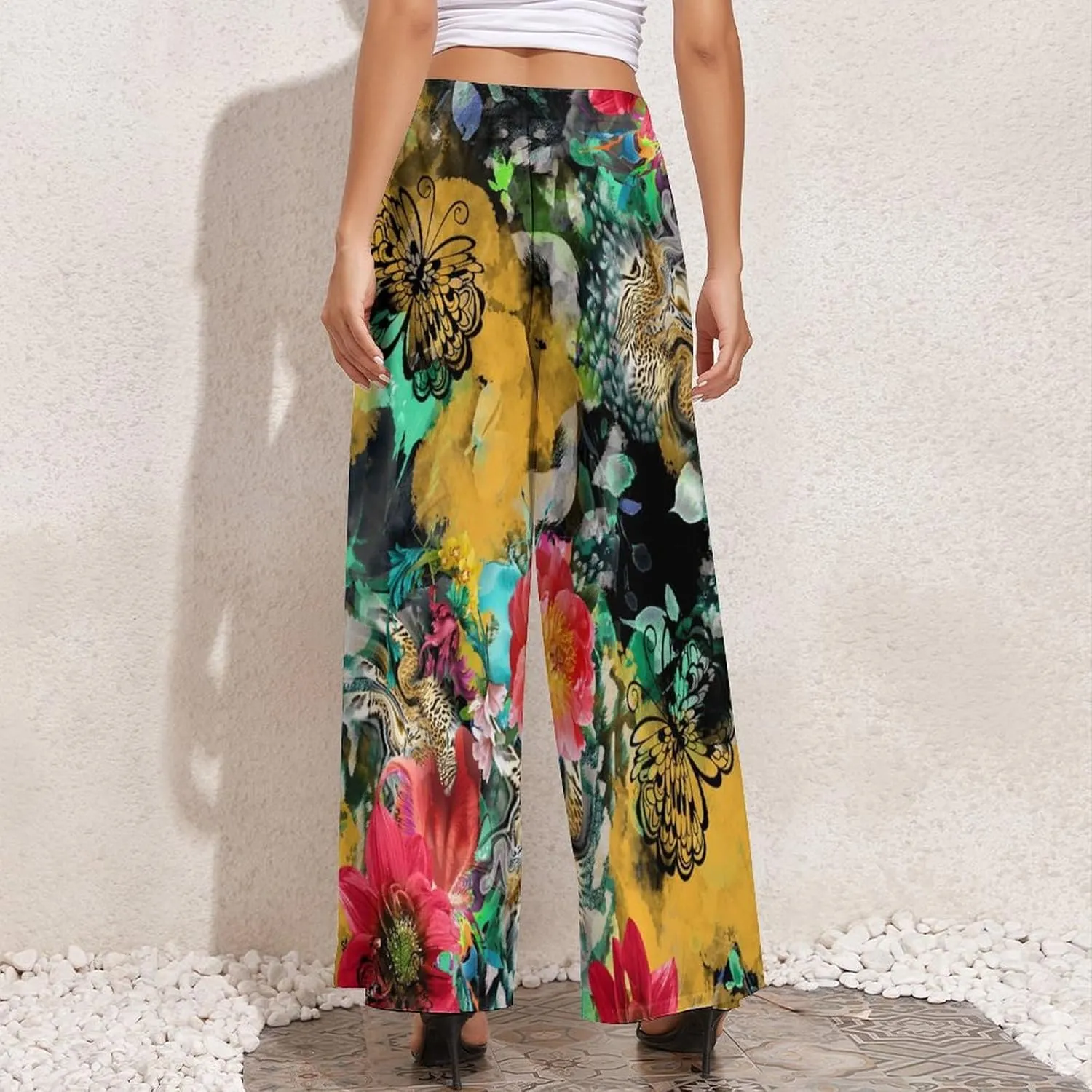 Womens Wide Leg Pants Leopard Skin with Baroque Casual High Waist Long Palazzo Pants Lounge Beach Trousers