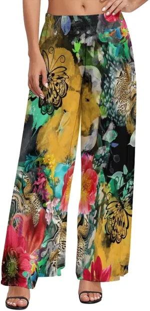 Womens Wide Leg Pants Leopard Skin with Baroque Casual High Waist Long Palazzo Pants Lounge Beach Trousers