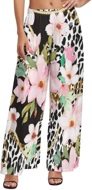 Womens Wide Leg Pants Leopard Skin with Baroque Casual High Waist Long Palazzo Pants Lounge Beach Trousers