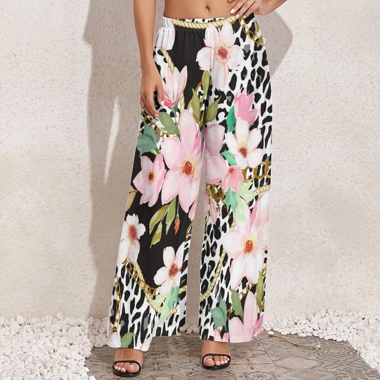 Womens Wide Leg Pants Leopard Skin with Baroque Casual High Waist Long Palazzo Pants Lounge Beach Trousers