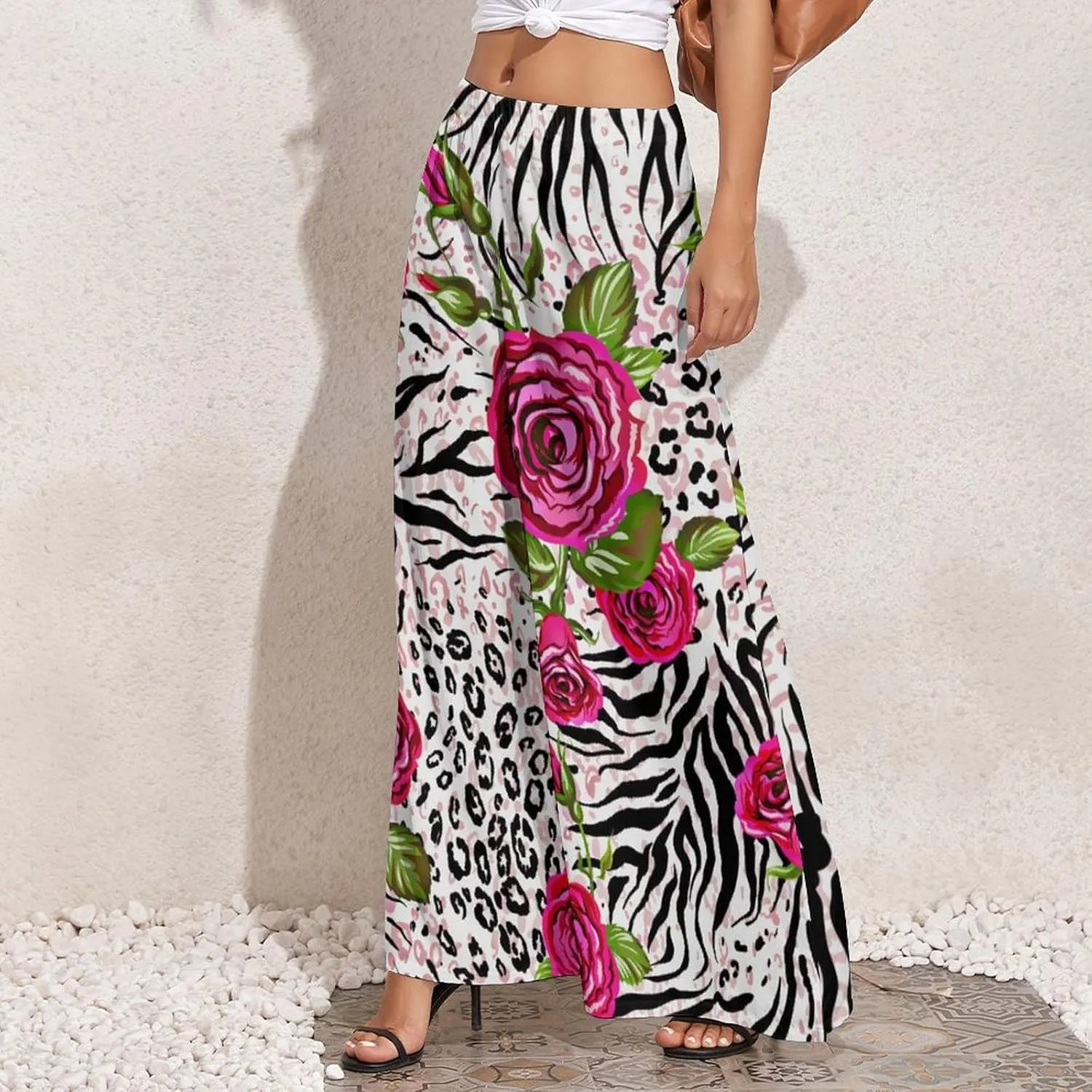 Womens Wide Leg Pants Leopard Skin with Baroque Casual High Waist Long Palazzo Pants Lounge Beach Trousers