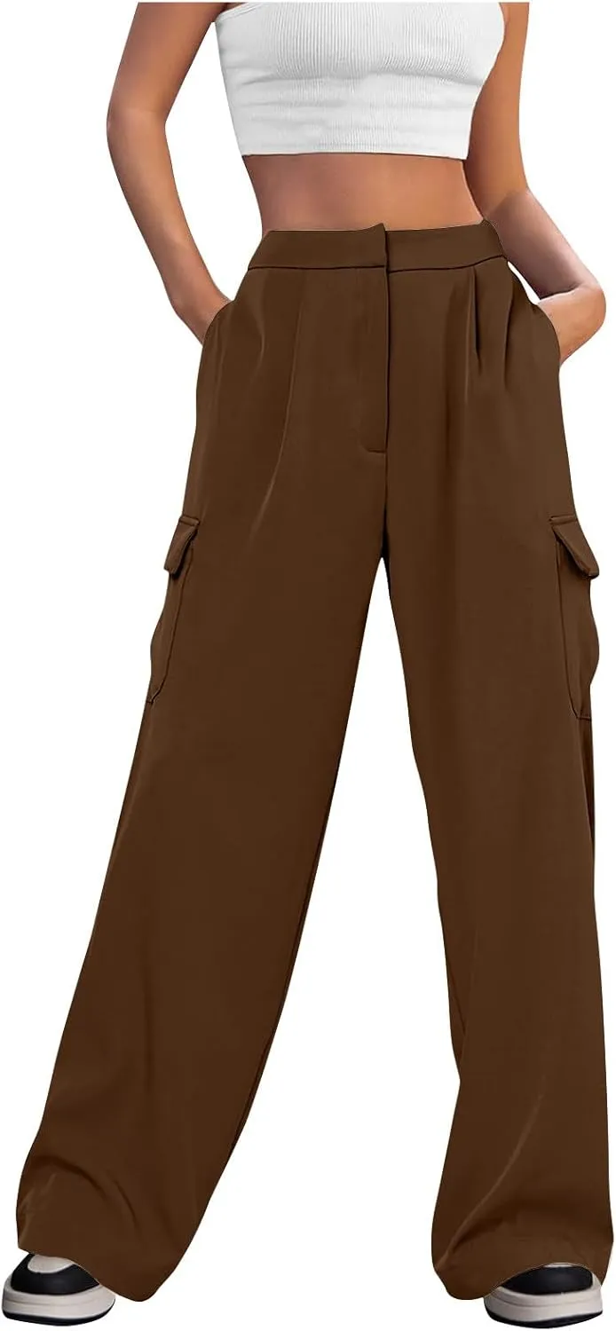 Womens Wide Leg Suit Pants High Waist Business Casual Work Pant Loose Comfy Versatile Dress Trousers with Four Pocket