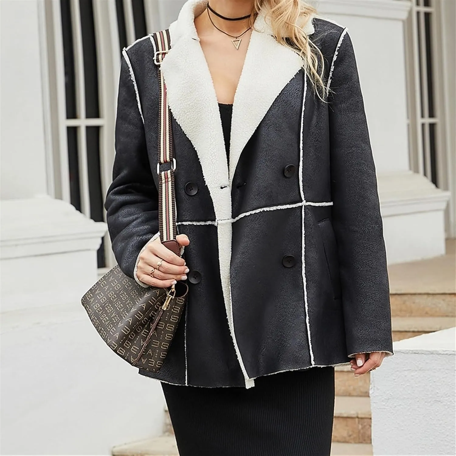 Womens Winter Faux Fur Coats Moto Jackets OversizedShearling Coat Lined Leather Jacket