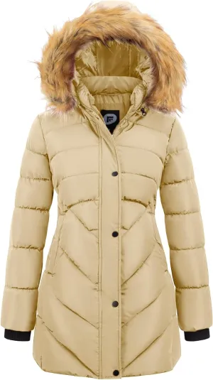 Women's Winter Thicken Coat Warm Long Puffer Jacket with Faux Fur Removable Hood Waterproof Insulated Jacket