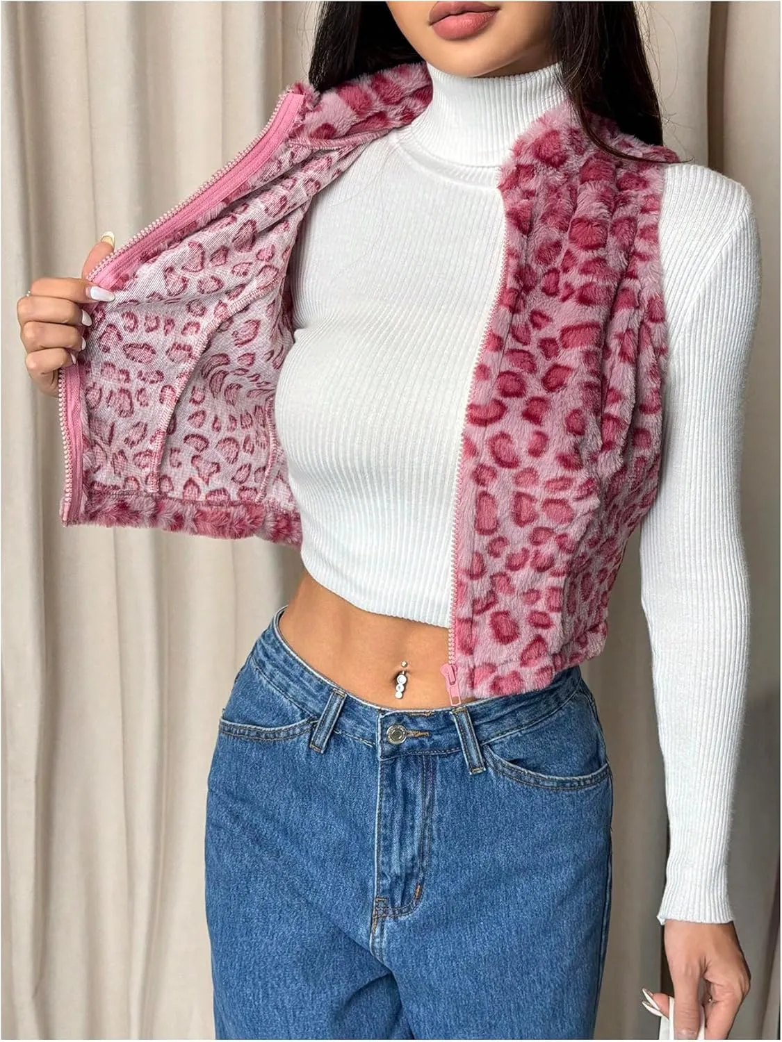 Women's Y2k Leopard Print Cropped Vest Jacket Zip Up Fuzzy Sleeveless Cheetah Outwear