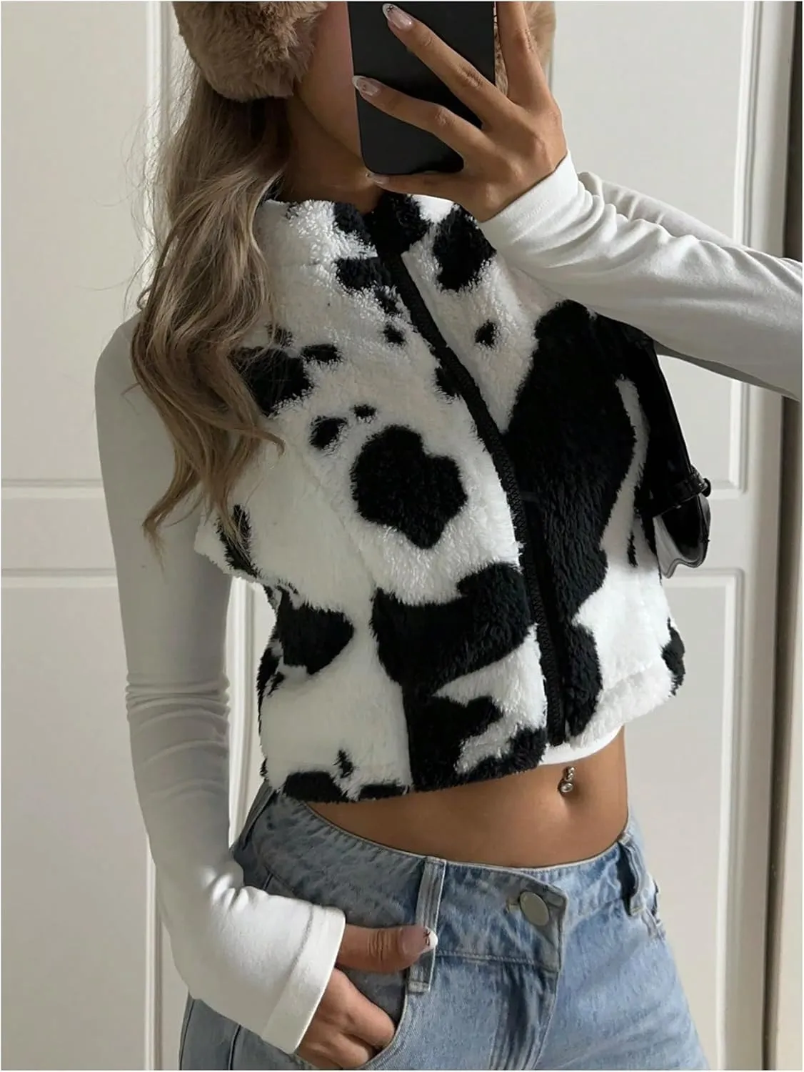 Women's Y2k Leopard Print Cropped Vest Jacket Zip Up Fuzzy Sleeveless Cheetah Outwear