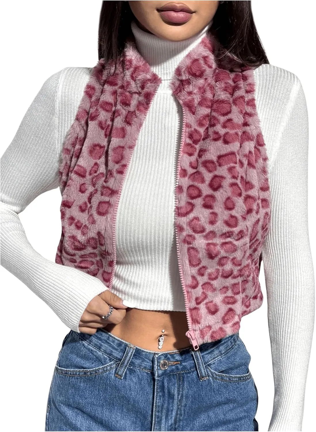 Women's Y2k Leopard Print Cropped Vest Jacket Zip Up Fuzzy Sleeveless Cheetah Outwear