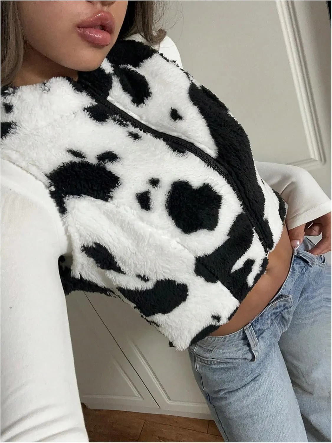 Women's Y2k Leopard Print Cropped Vest Jacket Zip Up Fuzzy Sleeveless Cheetah Outwear
