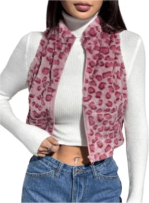 Women's Y2k Leopard Print Cropped Vest Jacket Zip Up Fuzzy Sleeveless Cheetah Outwear