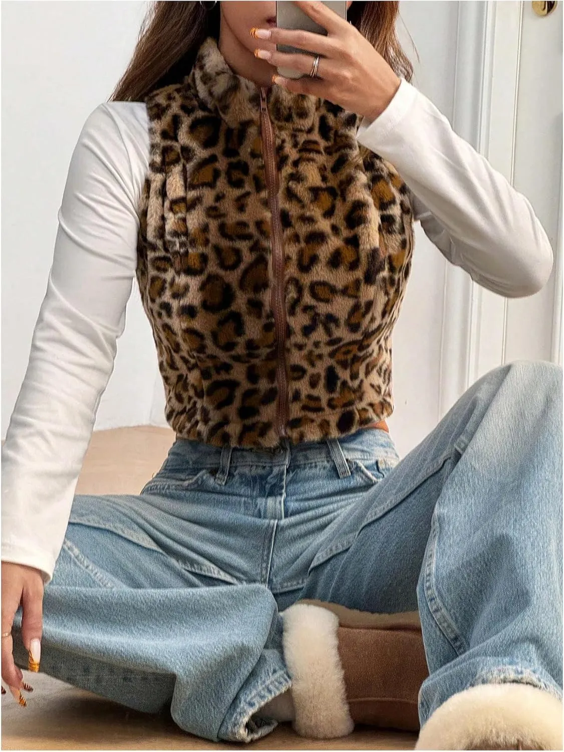 Women's Y2k Leopard Print Cropped Vest Jacket Zip Up Fuzzy Sleeveless Cheetah Outwear