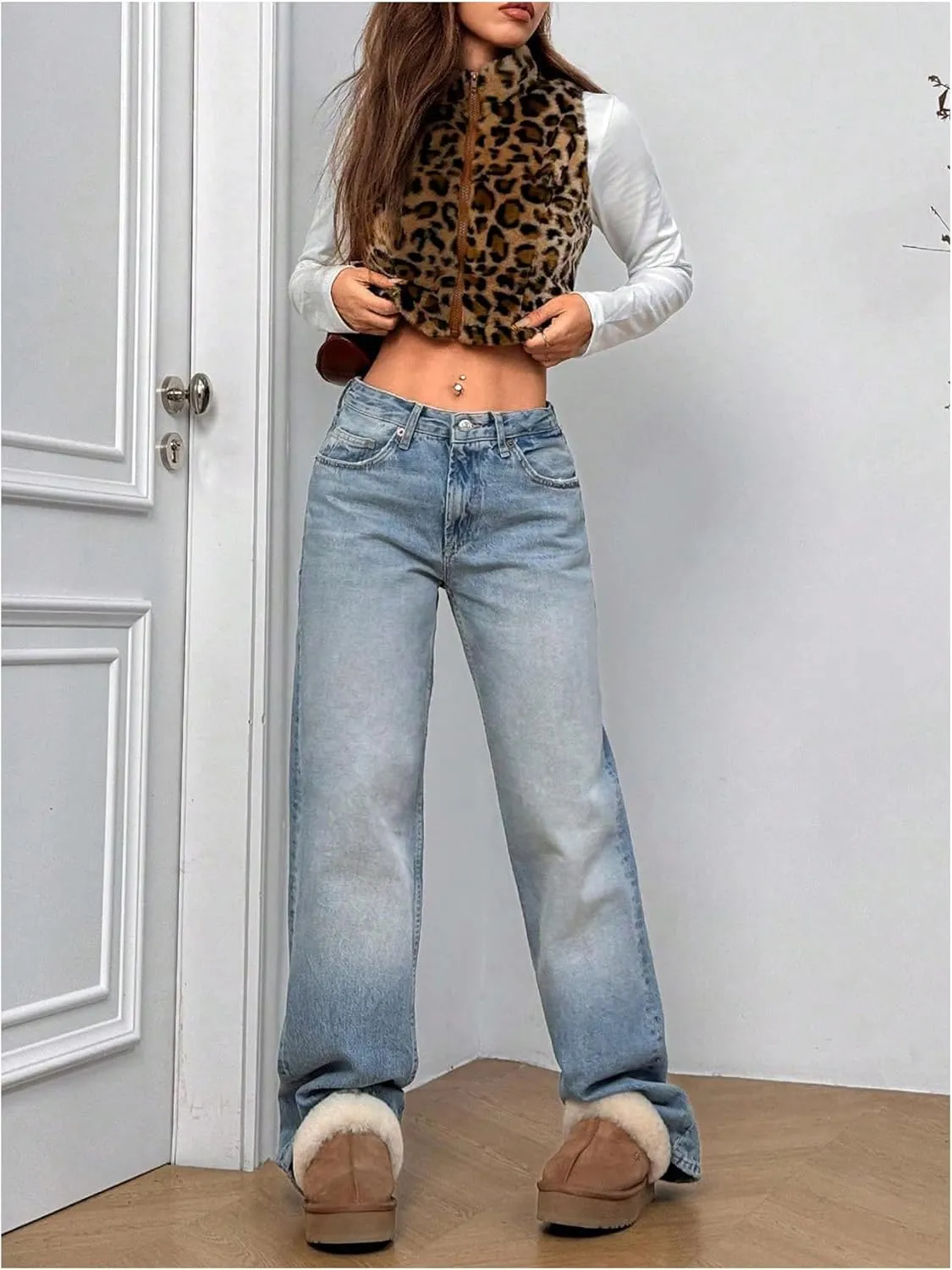 Women's Y2k Leopard Print Cropped Vest Jacket Zip Up Fuzzy Sleeveless Cheetah Outwear